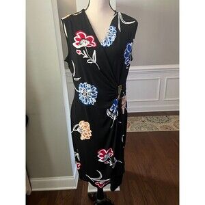 Calvin Klein Black Floral Faux Wrap Dress Size 12 New Sleeveless Bold Maximal